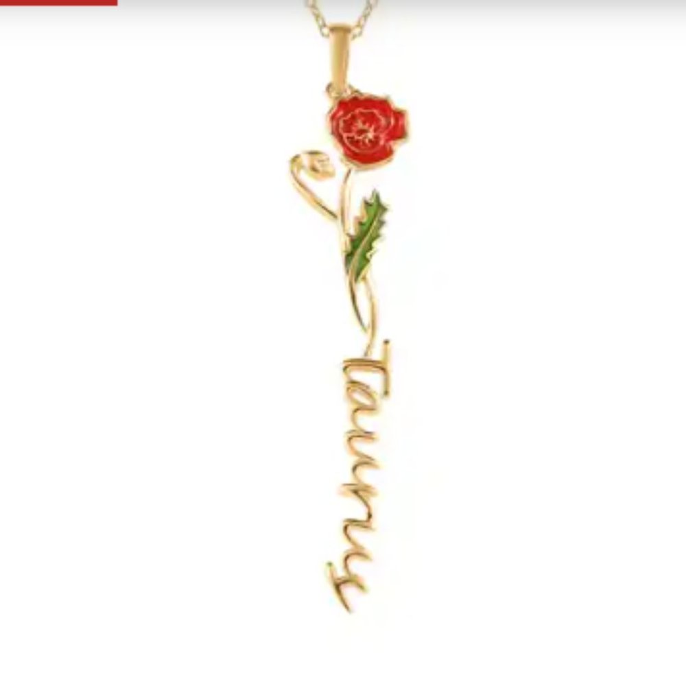 Taurus Zodiac Red-Green Enameled Poppy Birth Flower Pendant Necklace - Picture 2 of 4